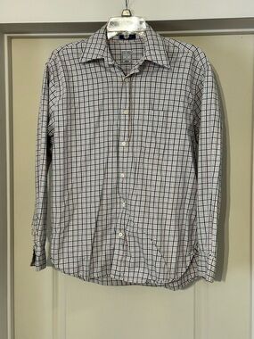 Old Navy White Button-Up Dress Shirt with Blue and Pink Windowpane Plaid